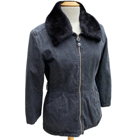 Guess Jackets & Blazers - Vintage Guess Aviator Jean Jacket Black Y2K 90s Faux Fur Moto Grunge Mobwife-M